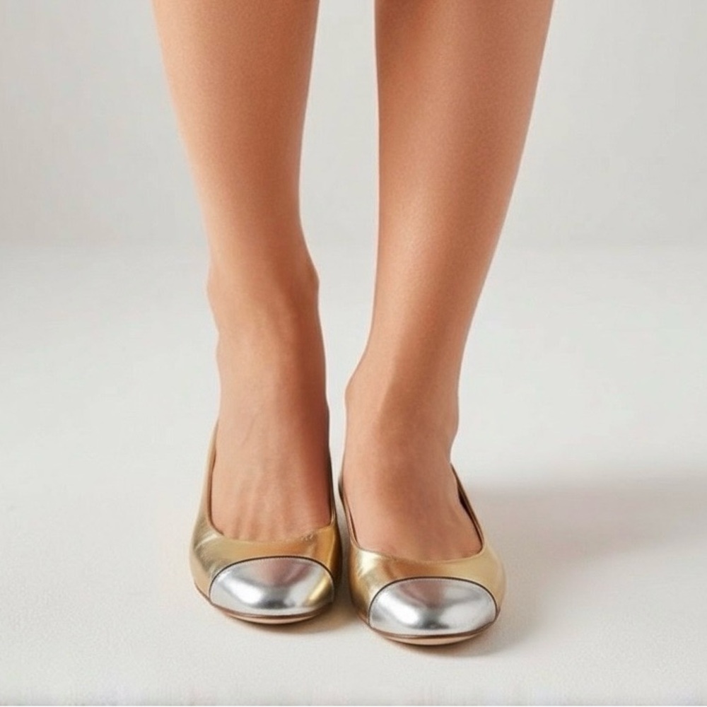 J. Crew Gold Ballet Flats with Silver Cap-Toe